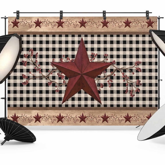 Red Texas Star Farmhouse Backdrop for Photography,Fabric Photo Background Backdrop,Black Plaid Berry Country Photo Booth Background for Portrait Photoshoot Video Wedding Studio Decor Banner 8x6ft