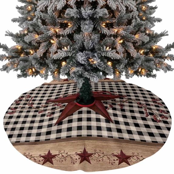 Red Texas Star Farmhouse Christmas Tree Skirt 48 Inches, Black Plaid Berry Country Xmas Trees Skirt Mat Cover Decorations for Holiday Party Indoor Outdoor