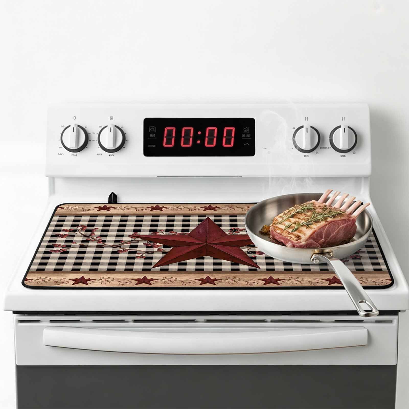 Red Texas Star Farmhouse Stove Top Cover for Electric Stove, Heat-proof & Non Slip Glass Top Stove Cover Protector, Black Plaid Berry Country Kitchen Flat Cooktop Rubber Mat 24x21 Inches