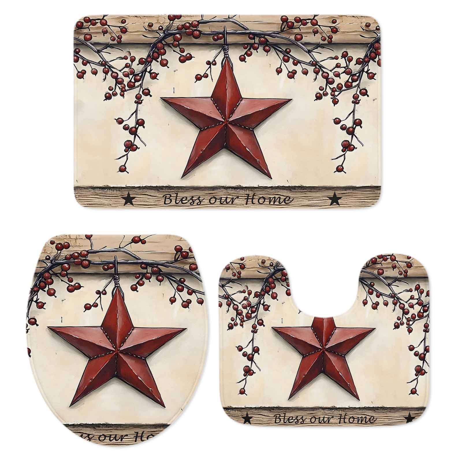 Red Texas Star Rustic Bath Mat 3 Piece Bathroom Rug Set, Country Star Berries Wooden Non Slip Bath Rug Contour Mat and Toilet Lid Cover, Absorbent Shower Mats Soft Bath Rugs and Mats Sets