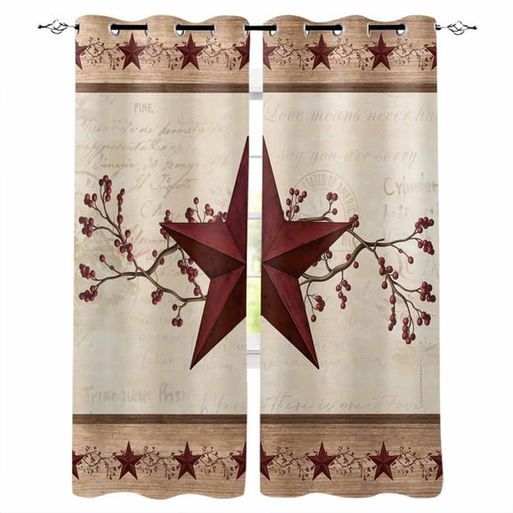 Red Texas Star Rustic Blackout Curtains for Bedroom, Farmhouse Berry Brown Wooden Thermal Insulated Kitchen Drapes with Grommets, Light Blocking Window Treatment, 2 Panels 52" x 84"