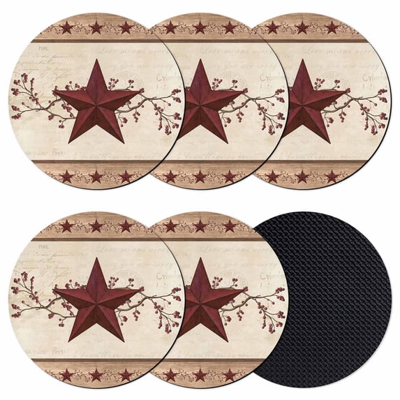 Red Texas Star Rustic Coasters Set of 6, Absorbent Coasters for Drinks, Farmhouse Berry Brown Wooden Coaster for Desk Coffee Table Protection, Home Decor House Warming Gifts 4"