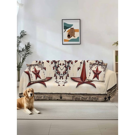 Red Texas Star Rustic Couch Cover Sofa Covers 3 Cushion Sectional Couch, Country Star Berries Wooden Washable Sofa Covers Slipcover Sectional Sofa Cover, Furniture Protector 71"x150"