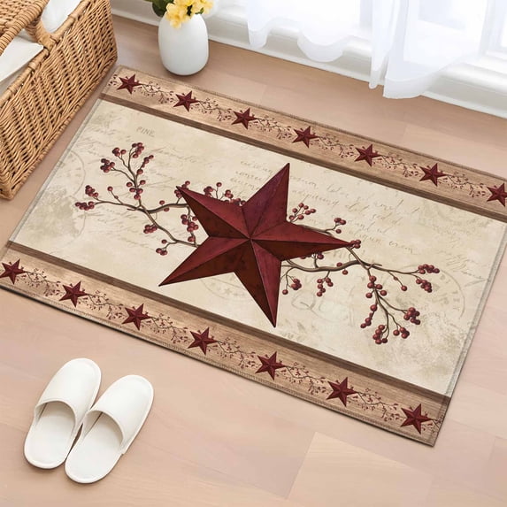 Red Texas Star Rustic Entryway Rug 2'x3' Non Slip Front Door Mats, Farmhouse Berry Brown Wooden Entrance Rugs Indoor Outdoor Carpet, Washable Floor Mats Small Area Rug for Bedroom Kitchen