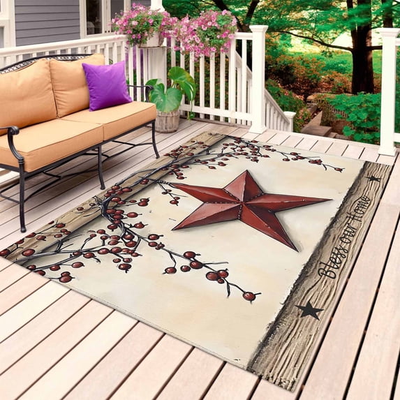 Red Texas Star Rustic Outdoor Rug for Patio/Deck/Porch, Non-Slip Large Area Rug 6 x 9 Ft, Country Star Berries Wooden Indoor Outdoor Rugs Washable Area Rugs, Reversible Camping Rug Carpet Runner