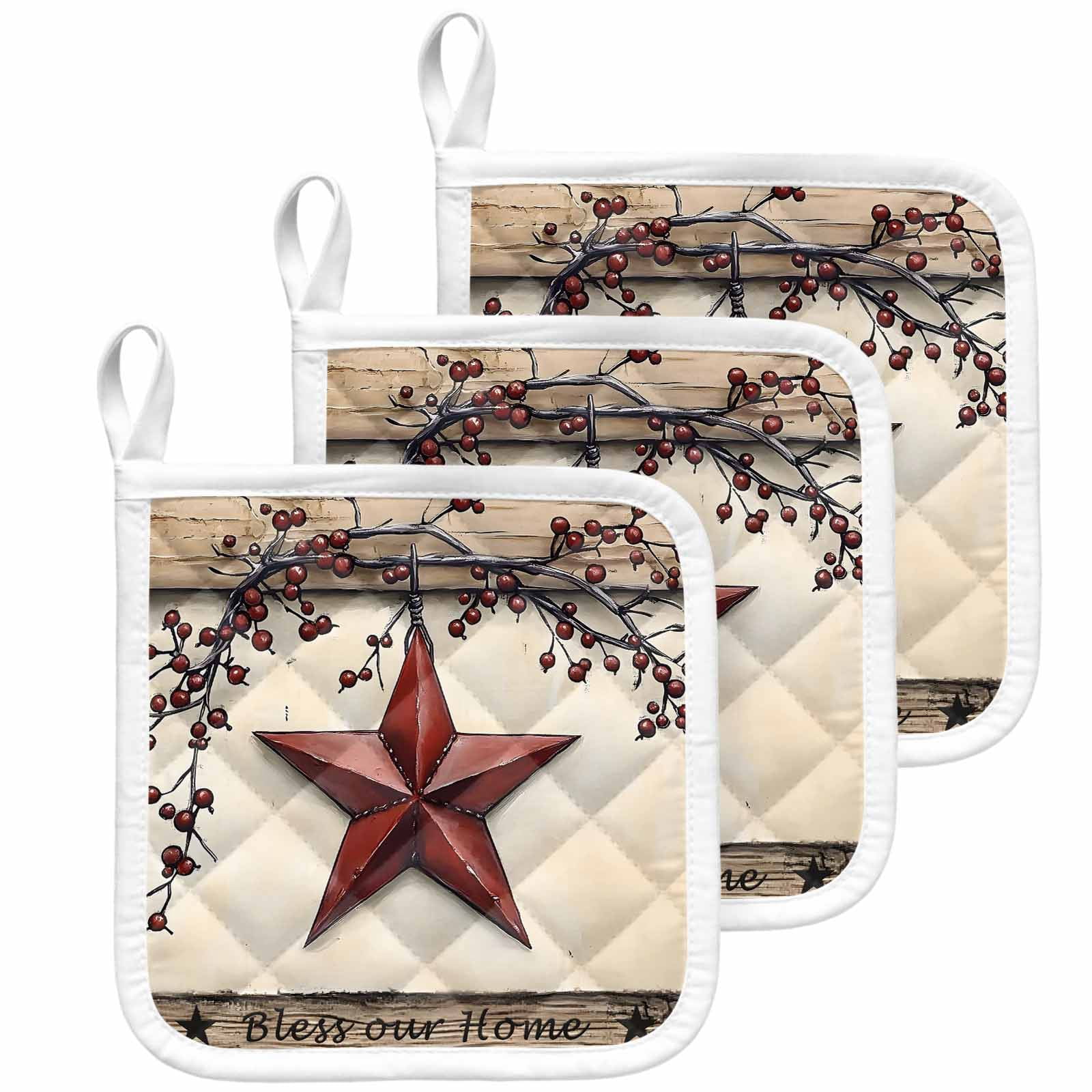 Red Texas Star Rustic Pot Holders for Kitchen Heatproof Potholder, 3 Pack Country Star Berries Wooden Hot Pads Multipurpose Oven Pads Cloth Potholders Trivet for Cooking Baking