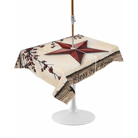 Red Texas Star Rustic Rectangle Outdoor Tablecloth, Waterproof Table Cloth Cover with Umbrella Hole and Zipper, Country Star Berries Wooden Table Protector for Patio Party Picnic 52"x70"