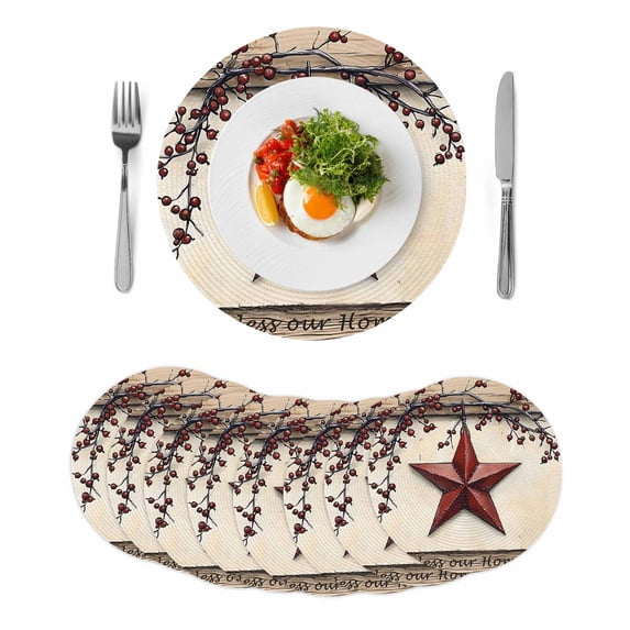 Red Texas Star Rustic Round 15 Inch Placemats Set of 8, Country Star Berries Wooden HeatResistant Non Slip Place Mats for Dining Table, Wipeable Braided Kitchen Table Mats for Housewarming