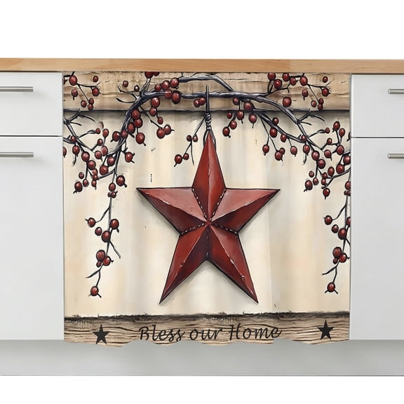 Red Texas Star Rustic Sink Skirt 10"W x 11"L,Dustproof Under Sink Curtain Skirt for Bathroom Kitchen,Country Star Berries Wooden Adhesive Short Vanity Curtains Cover for Laundry Room Closet Shoe Rack