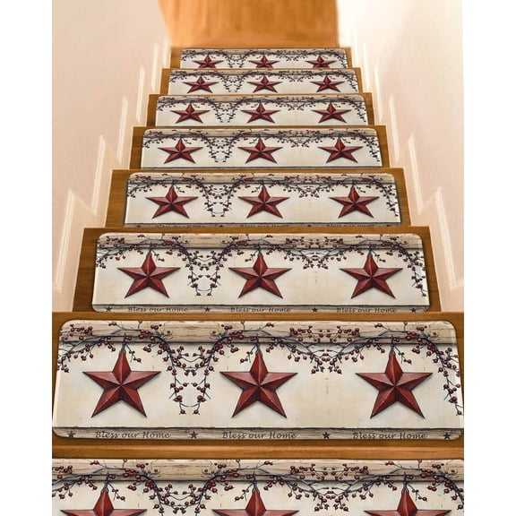 Red Texas Star Rustic Stair Treads for Wooden Steps Indoor Runner Rug Carpet, Country Star Berries Wooden 4 Pieces Peel and Stick Staircase Step Treads Covers Washable Throw Door Mats, 30"x8"