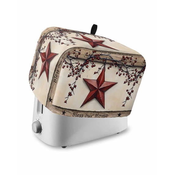 Red Texas Star Rustic Toaster Cover 4 Slice, Large Kitchen Appliance Covers, Country Star Berries Wooden Toaster Oven Cover with Loop, Bread Machine Cover Polyester Dust Cover Protection