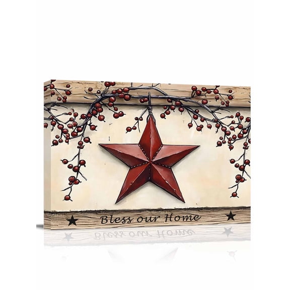 Red Texas Star Rustic Wall Art for Living Room,Canvas Picture Wall Decor for Bathroom Bedroom,Country Star Berries Wooden Painting Artwork for Office Kitchen Hallway Dining Room Home Decor 12"x16"