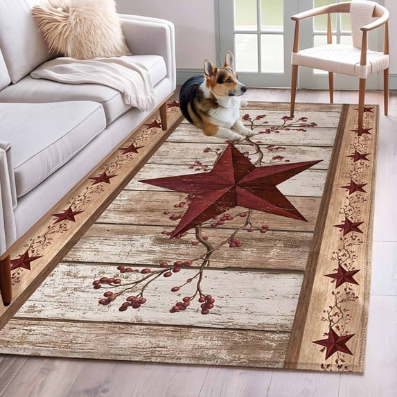 Red Texas Star Vintage Area Rugs 3'x5', Washable Small Throw Rugs for Living Room Bedroom, Farmhouse Berry Brown Wooden Indoor Outdoor Rug Non-Slip Low Pile Carpet Runner Reversible Floor Mats