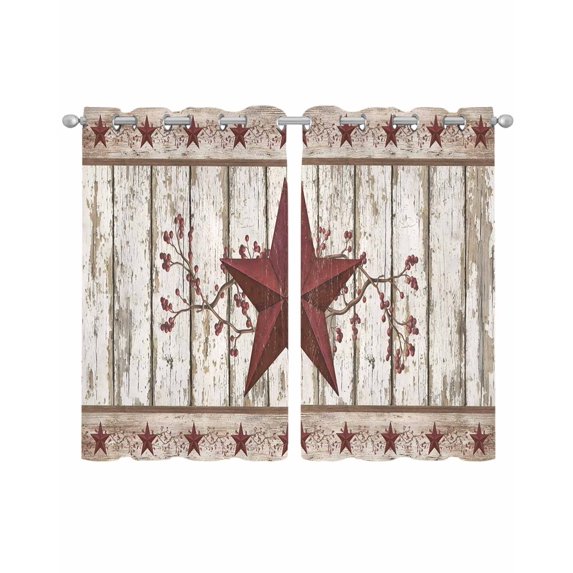 Red Texas Star Vintage Sheer Curtains 39 Inch Length 2 Panels Set for Living Room/Bedroom, Farmhouse Berry Grey Wooden Kitchen Curtains Grommet Semi-Sheer Curtains Window Treatments 27.5"x39"x2