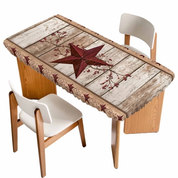 Red Texas Star Vintage Table Cloths for 4 Foot Rectangle Tables, Farmhouse Berry Brown Wooden Patio Waterproof Elastic Fitted Tablecloths, Washable Rectangular Table Cover for Camping