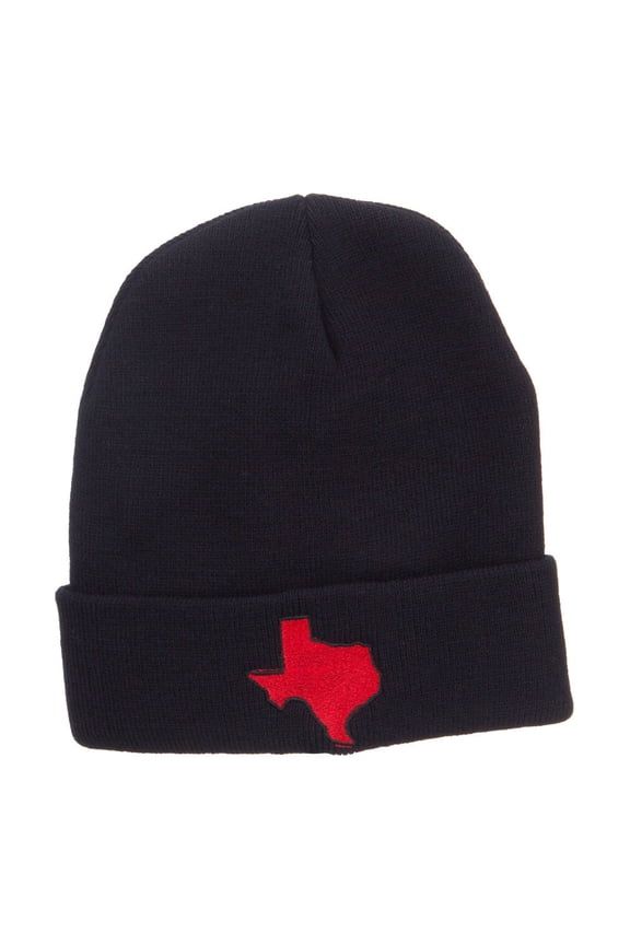 Red Texas State Map Embroidered Cuff Beanie - Black OSFM