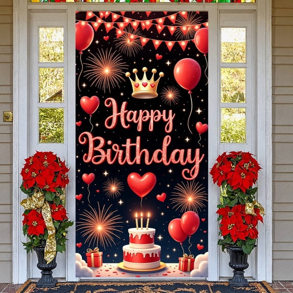 Red Theme Banner Crown Design Birthday Display Heart Balloons Firework Pattern Party Backdrop for Birthday Party Indoor Party Photo Shoot