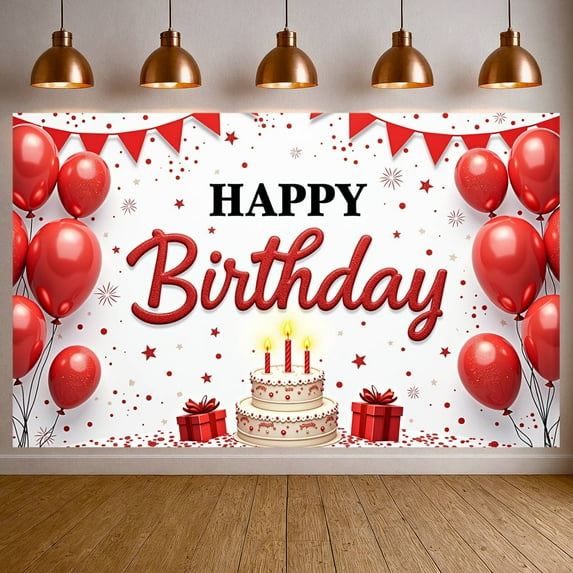 Red Theme Banner Glittery Design Party Backdrop Balloon Decor Cake Pattern Celebration Background for Birthday Party Indoor Celebration Kids Party