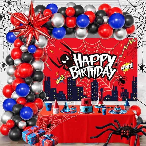 Red Theme Borthday Party Decorations Kit -Red Blue Black Latex Balloons Arch Garland with Web Backdrop for Boys Girls Kids