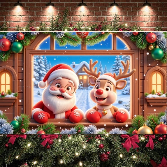 Red Theme Christmas Banner Christmas Style Reindeer Backdrop Reindeer Santa Claus Image Holiday Background for Christmas Party Family Gathering Xmas Event