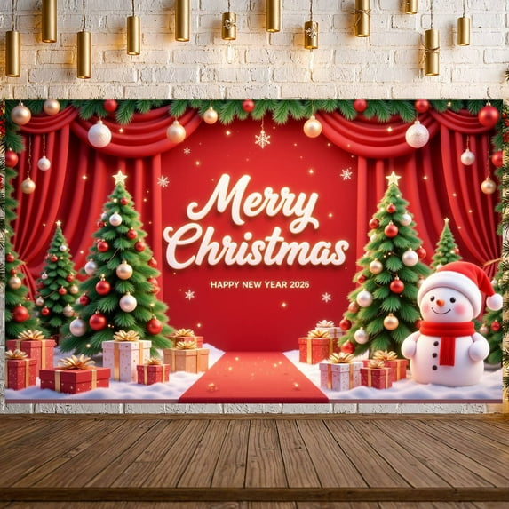 Red Theme Christmas Banner Christmas Tree Design Holiday Backdrop Gift Decorations Snowflake Pattern New Year Display for Christmas Party New Year Celebration Family Reunion
