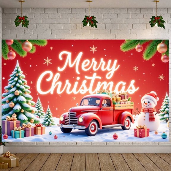 Red Theme Christmas Banner Christmas Tree Design Holiday Banner Gift Decorated Snowman Pattern Merry Christmas Backdrop for Christmas Party Holiday Decoration Indoor Celebration