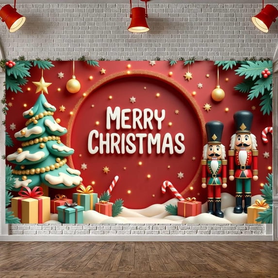 Red Theme Christmas Banner Christmas Tree Design Merry Christmas Banner Nutcracker Decor Gold Star Xmas Banner for Christmas Party Holiday Decoration Indoor Celebration