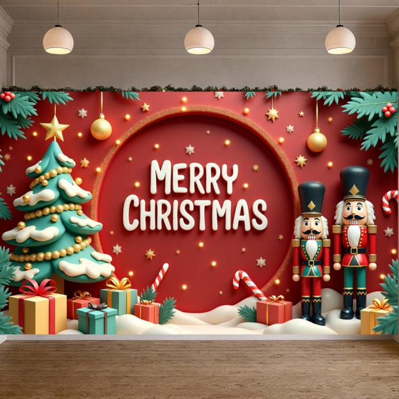 Red Theme Christmas Banner Christmas Tree Design Merry Christmas Banner Nutcracker Decor Gold Star Xmas Banner for Christmas Party Holiday Decoration Indoor Celebration