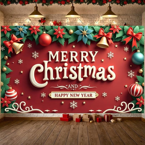 Red Theme Christmas Banner Festive Design Happy New Year Banner Poinsettia Decor Gold Bell Holiday Banner for Christmas Celebration New Year Party Indoor Event