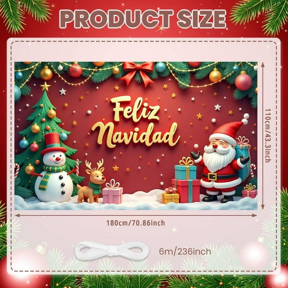 Red Theme Christmas Banner Gold Font Feliz Navidad Banner Christmas Tree Decor Gift Boxes Holiday Banner for Christmas Party Home Decoration Photo Backdrop