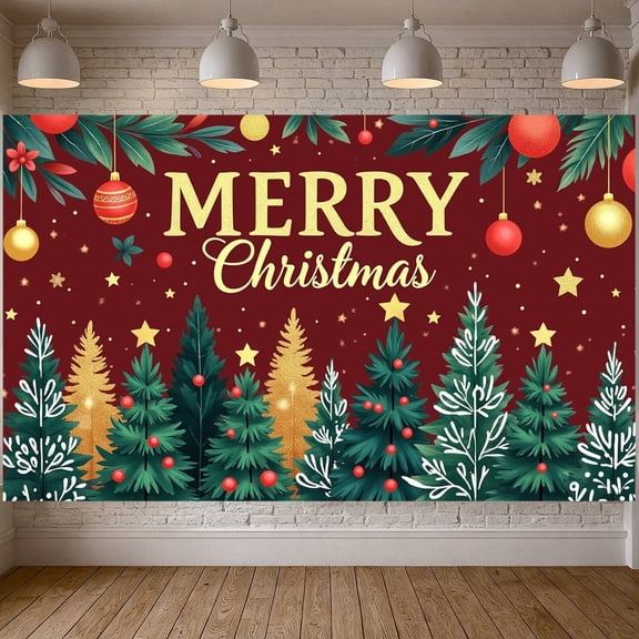 Red Theme Christmas Banner Gold Lettering Xmas Display Pine Tree Design Ornament Decor Holiday Backdrop for Christmas Party Holiday Decoration Indoor Celebration