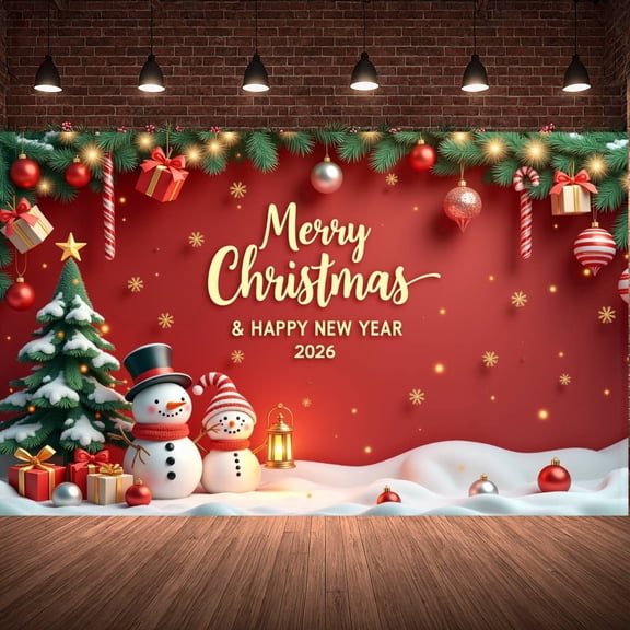 Red Theme Christmas Banner Gold Snowflakes New Year Display Christmas Tree Snowman Design Xmas Backdrop for Christmas Party New Year Celebration Holiday Decoration
