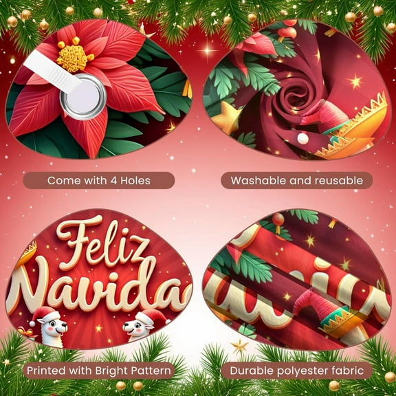 Red Theme Christmas Banner Gold Stars Feliz Navidad Banner Poinsettia Decor Alpaca Pattern Holiday Banner for Christmas Party Holiday Decoration Mexican Christmas Event