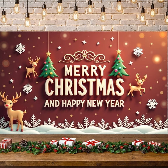 Red Theme Christmas Banner Reindeer Design Xmas Backdrop Snowflake Pattern Gold Accent Holiday Background for Christmas Party New Year Celebration Holiday Gathering