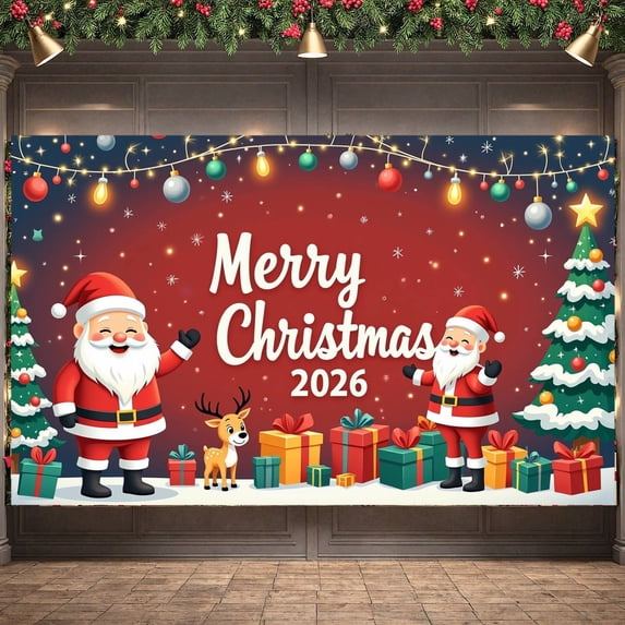 Red Theme Christmas Banner Santa Claus Design Xmas Display Reindeer Pattern Christmas Tree Decor Holiday Backdrop for Christmas Party Indoor Celebration Family Event