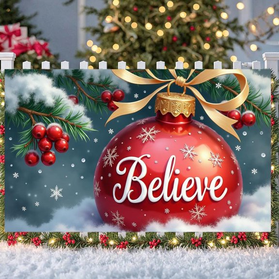 Red Theme Christmas Banner Snowflake Pattern Holiday Banner Gold Bow Pine Branch Xmas Banner for Christmas Party Home Decoration Holiday Gathering