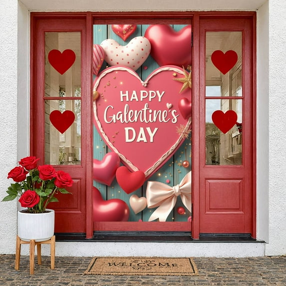 Red Theme Galentine's Day Banner Pink Heart Display Heart Pattern Cherry Decoration Sweet Backdrop for Galentine's Party Girls' Gathering Friendship Celebration