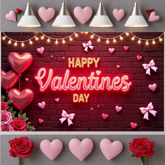 Red Theme Happy Valentine's Day Banner Heart-shaped Balloons Valentine Display Rose Decoration Pink Bows Love Backdrop for Valentine's Day Party Romantic Date Anniversary Celebration