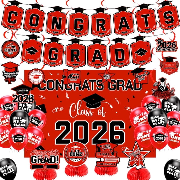 Red Theme LEJHVAQK 2026 Graduation Decorations Set: Large Class of 2026 Backdrop, Congrats Grad Banner, Balloon Arch & Hanging Swirls Kit, Complete Party Supplies, Set of 48