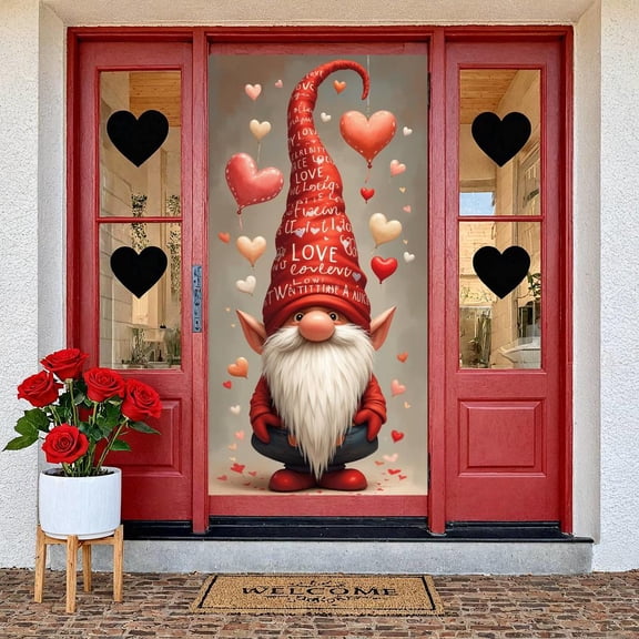Red Theme Love Banner Heart Balloons Valentine Display Gnome Design White Letters Heart Backdrop for Valentine's Party Romantic Celebration Couples Gathering