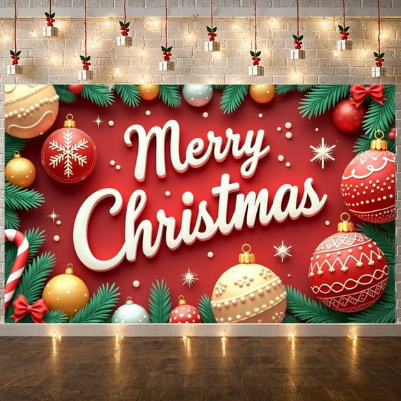 Red Theme Merry Christmas Banner Festive Design Xmas Display Colorful Ornaments Snowflake Pattern Holiday Backdrop for Christmas Party Indoor Decoration Family Event
