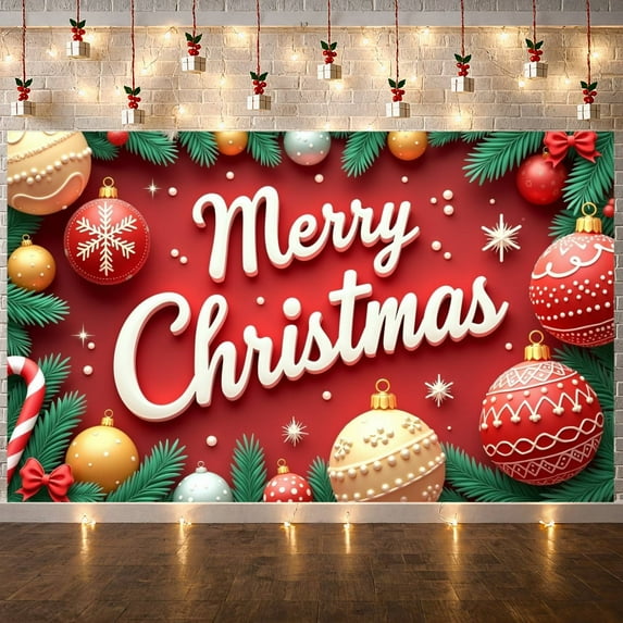 Red Theme Merry Christmas Banner Festive Design Xmas Display Colorful Ornaments Snowflake Pattern Holiday Backdrop for Christmas Party Indoor Decoration Family Event