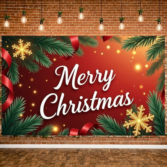 Red Theme Merry Christmas Banner Gold Snowflake Xmas Backdrop Ribbon Decor Sparkling Lights Holiday Background for Christmas Party Home Decoration Photo Shoot
