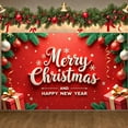 thumbnail image 1 of Red Theme Merry Christmas Banner Green Pine Branches Christmas Backdrop Snowflake Design Gold Ribbons Holiday Background for Christmas Party New Year Celebration Indoor Decoration, 1 of 9