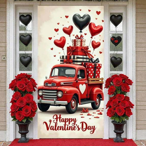Red Theme Valentine Banner Heart-shaped Love Display Polka Dot Pattern Striped Design Heart Backdrop for Valentine's Day Romantic Party Wedding Reception
