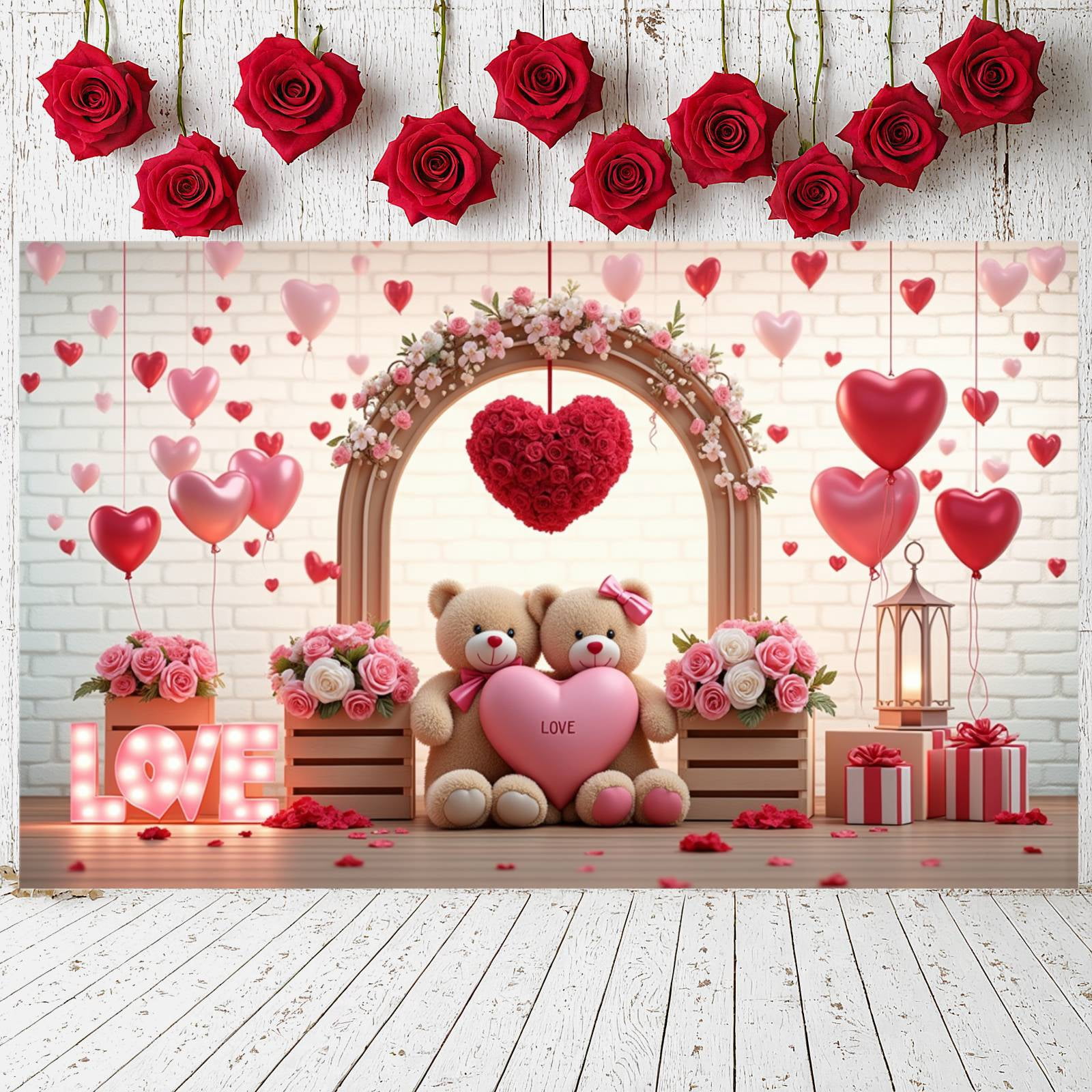 Date Backdrop Red Theme Valentine's Banner Heart Shape Love Display Rose Decor ...