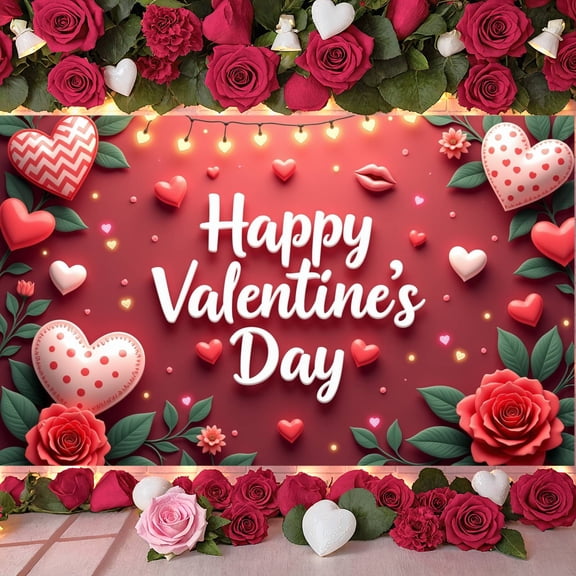 Red Theme Valentine's Day Banner Heart Pattern Love Display Rose Decoration String Lights Heart Backdrop for Valentine's Party Romantic Date Anniversary Celebration