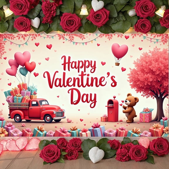 Red Theme Valentine's Day Banner Heart-shaped Balloons Love Display Gift Decor Teddy Bear Design Heart Backdrop for Valentine's Day Party Romantic Celebration Photo Shoot Backdrop