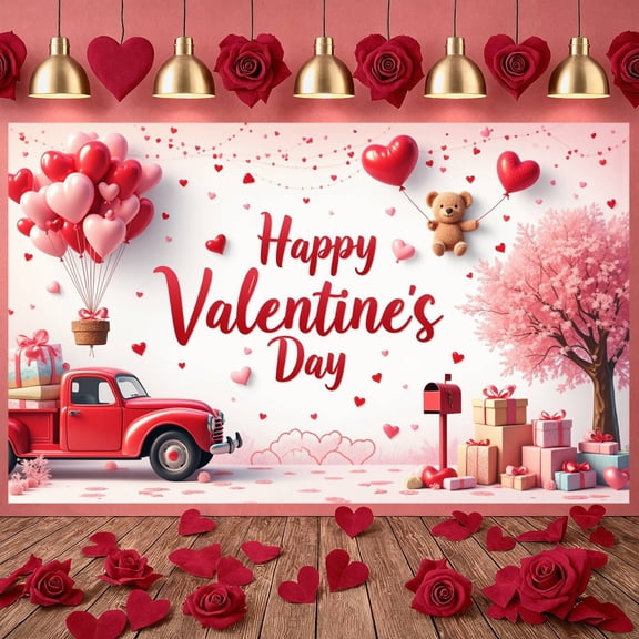 Red Theme Valentine's Day Banner Heart-shaped Balloons Love Display Gift Decor Teddy Bear Design Heart Backdrop for Valentine's Day Party Romantic Celebration Photo Shoot Backdrop