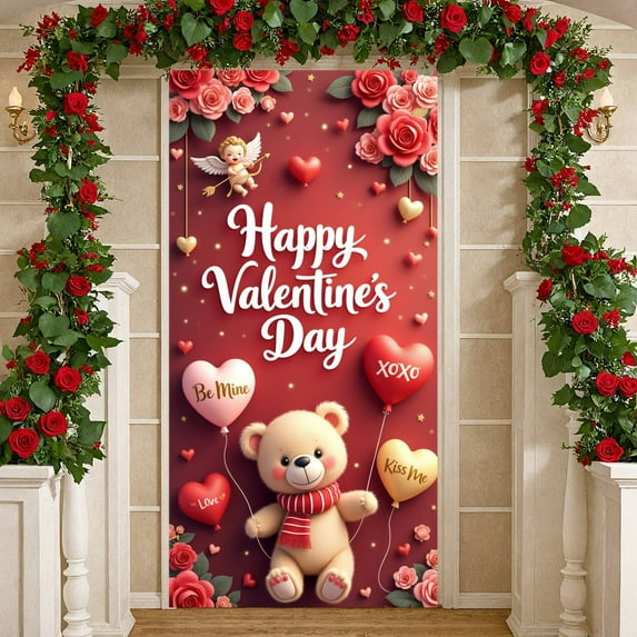 Red Theme Valentine's Day Banner Rose Decor Love Display Heart Balloon Cupid Design Heart Backdrop for Valentine's Party Romantic Date Couple Celebration